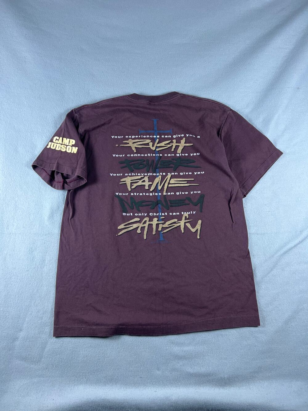 Vintage 90s T-Shirt Mens XL Brown Camp Judson Christian Graphic Print USA Made
